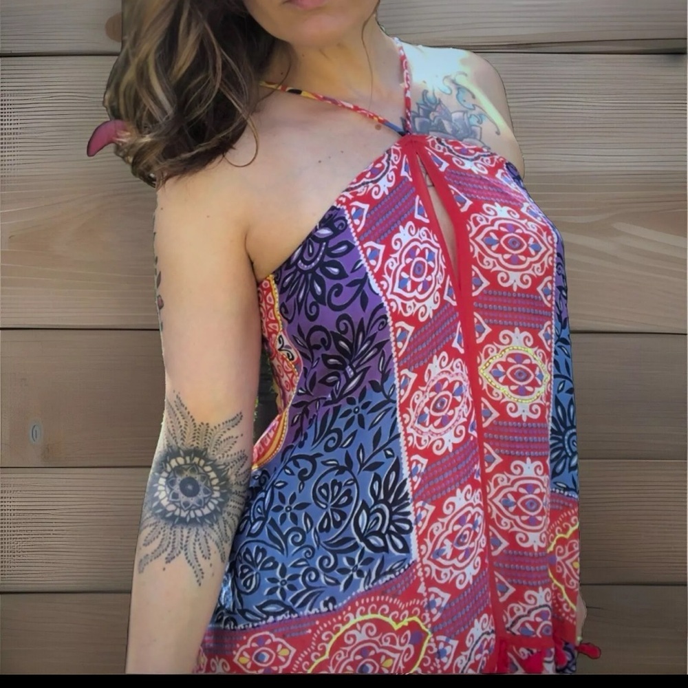 LOVESTITCH Dress Womens Red Batik Print Maxi Halter Open Back Boho NWT - Picture 7 of 16